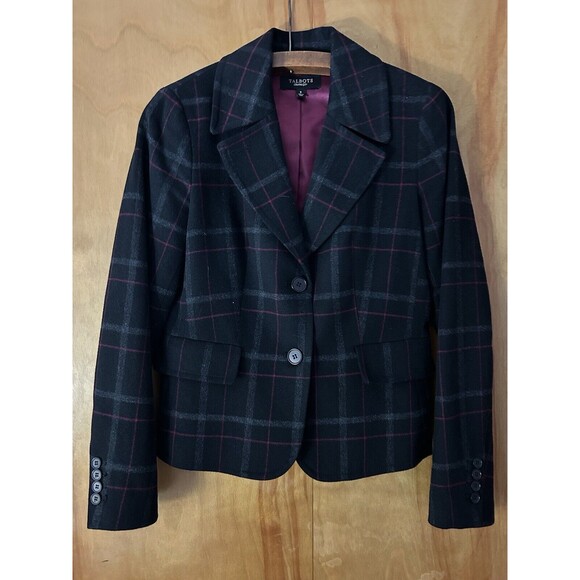 Talbots-Black Plaid Jacket/Blazer-Wool Blend-Lined-English Country-Academia-Sz 8 - Picture 1 of 10